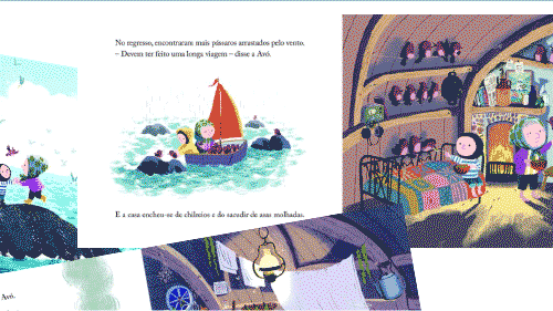 animação com as páginas interiores do livro O Pássaro da Avó