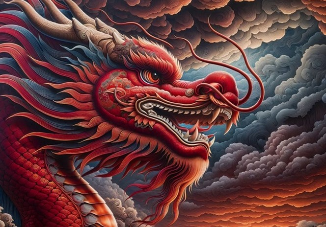 Ilustração de dragão vermelho chinês de perfil, son fundo de nuvens entre o azul e o avermelhado