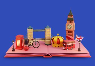 Ilustração de livro aberto com ícones de Inglaterra em cima