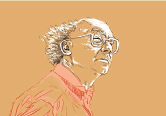 Ilustração de rosto de José de Saramago de perfil, em carvão e sanguínea sobre fundo bege