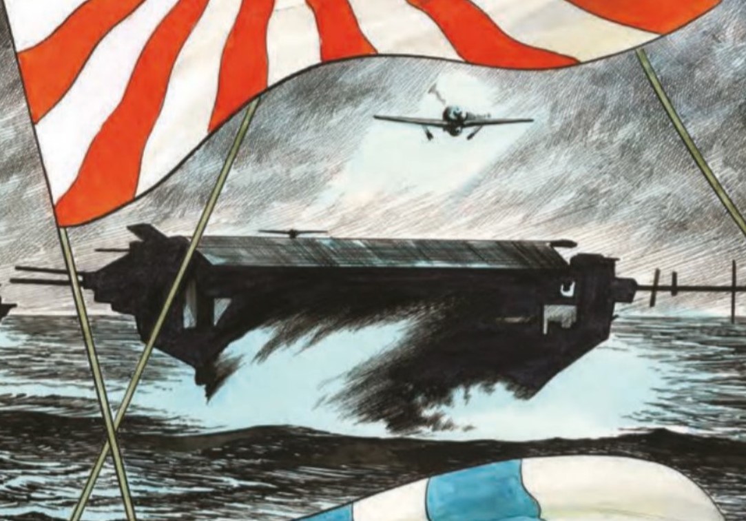 Ilustração do livro de BD Showa vol. 2, com navios de guerra e um avião militar a sobevoá-los, com a bandeira japonesa em primeiro plano