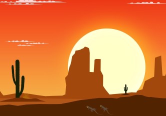 ilustração colorida em tons quentes de deserto com cactos e sol